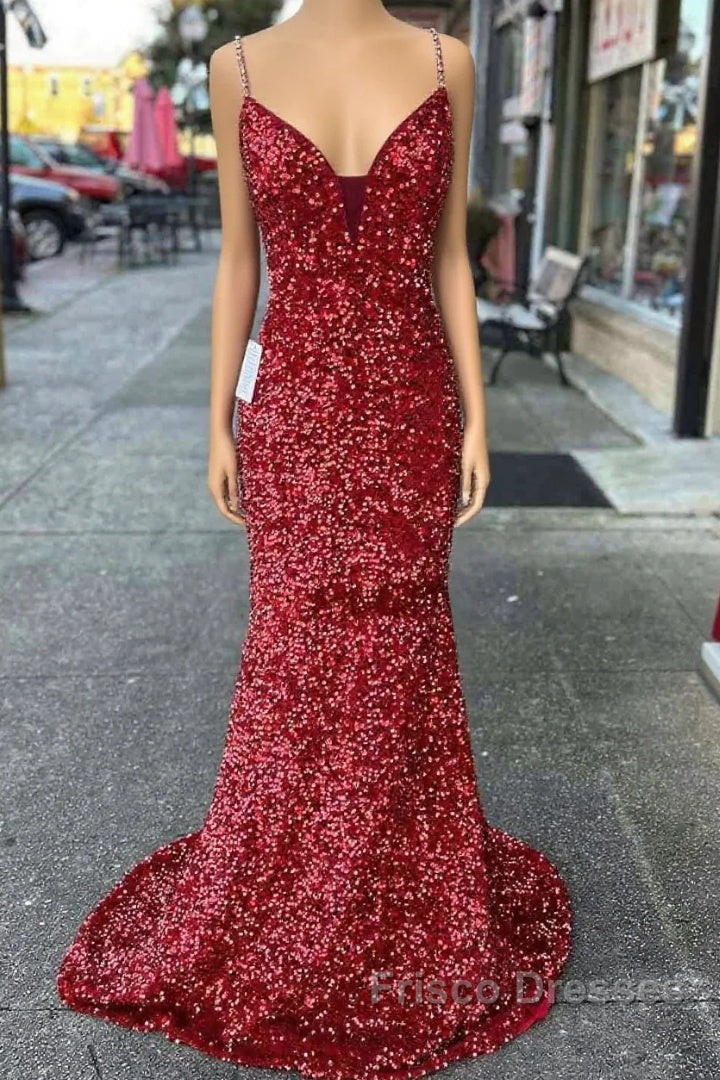 Long Formal Prom Dress Red Sequins Beaded Mermaid Evening Dress Straps Main image