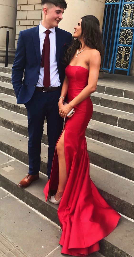 Long Prom Dresses, Strapless Mermaid Red Prom Dresses With Slit Secondary image