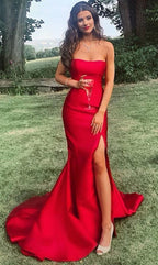 Long Prom Dresses, Strapless Mermaid Red Prom Dresses With Slit
