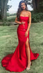 Long Prom Dresses, Strapless Mermaid Red Prom Dresses With Slit