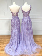 Long Purple Lace Formal Prom Dress,Unique A Line Formal Prom Evening Dress