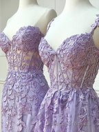 Long Purple Lace Formal Prom Dress,Unique A Line Formal Prom Evening Dress