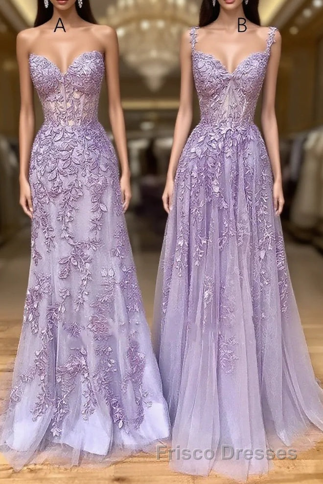 Long Purple Lace Formal Prom Dress,Unique A Line Formal Prom Evening Dress Main image