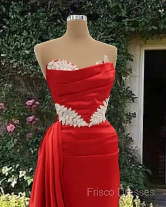 Long Red Mermaid Satin Strapless With Lace Embroidery Secondary image