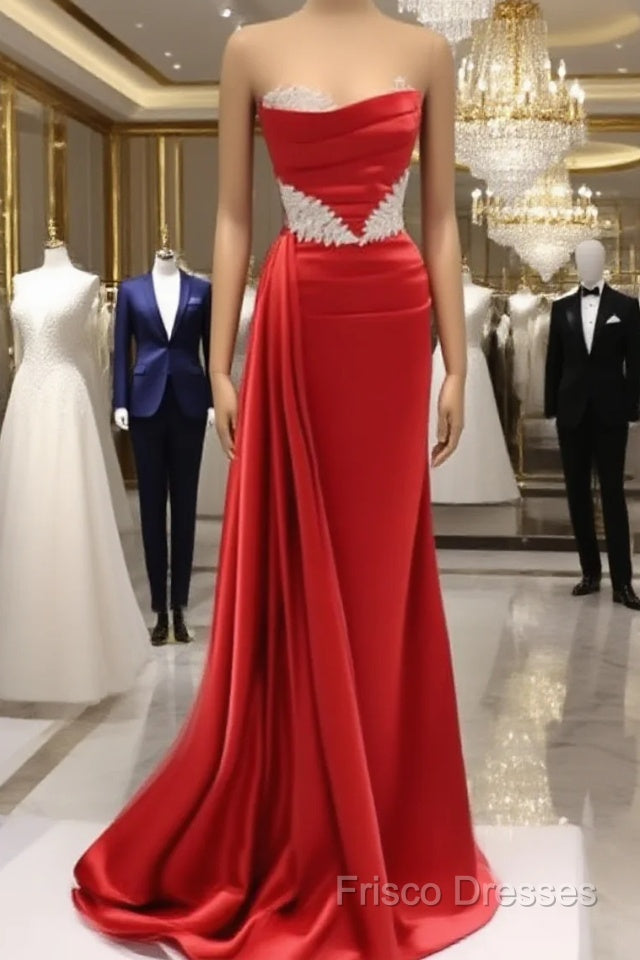 Long Red Mermaid Satin Strapless With Lace Embroidery Main image