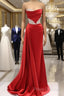 Long Red Mermaid Satin Strapless With Lace Embroidery