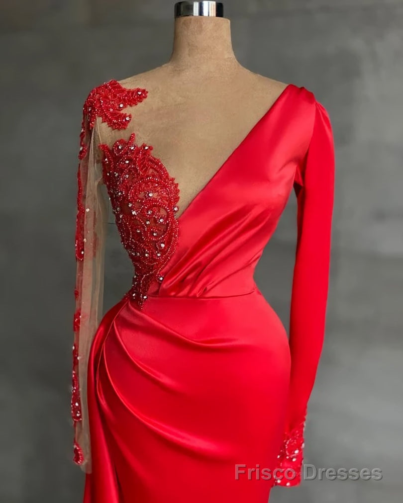 Long Red Satin Evening Dresses, Sheer Neckline Long Sleeve Beaded African High Slit Women Formal Prom Dress