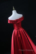 Long Red Satin Formal Prom Dress Off The Shoulder Formal Gowns