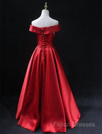 Long Red Satin Formal Prom Dress Off The Shoulder Formal Gowns