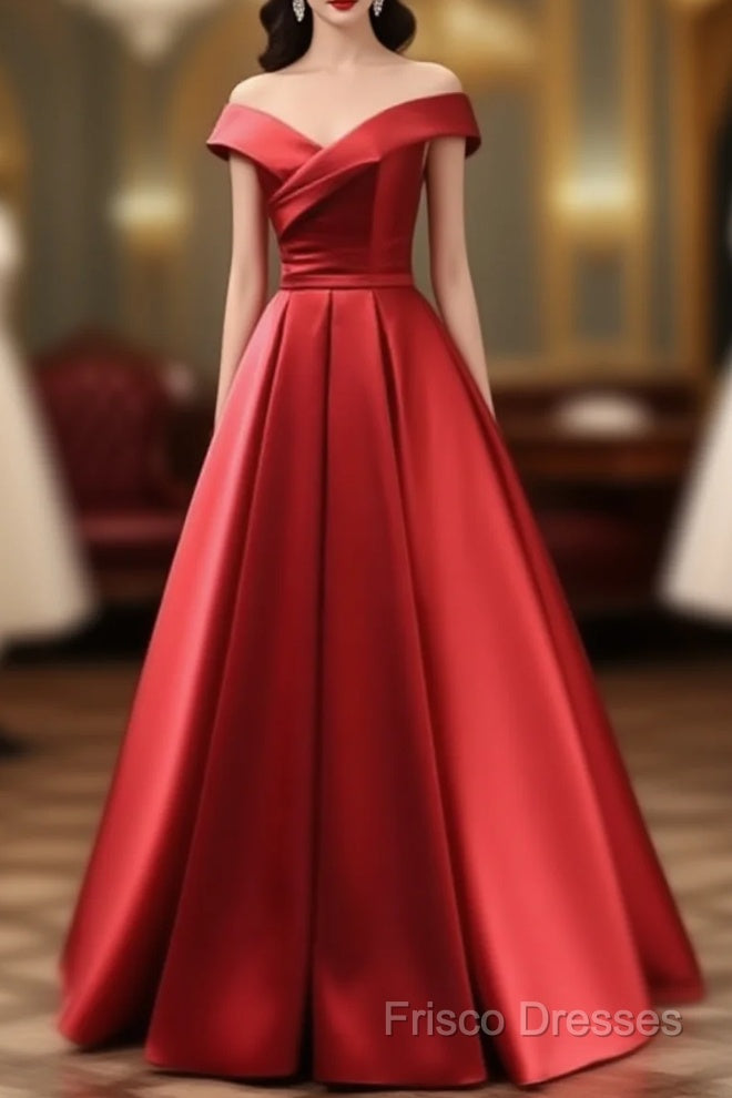 Long Red Satin Formal Prom Dress Off The Shoulder Formal Gowns Main image