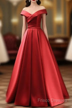 Long Red Satin Formal Prom Dress Off The Shoulder Formal Gowns