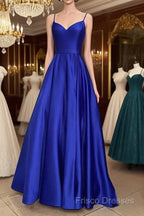 Long Royal Blue V Neck Formal Prom Dress Spaghetti Strap