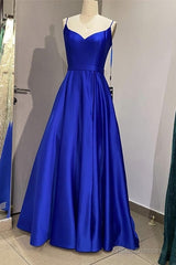 Long Royal Blue V Neck Prom Dress Spaghetti Strap