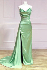 Long Sage Satin Cowl Neck Bridesmaid Dress