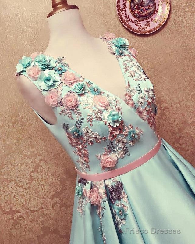 Long Satin Empire Prom Dresses V Neck 3D Flowers Embroidery Main image