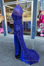 Long Sequin Formal Prom Dress Royal Blue Formal Dress One-Shoulder