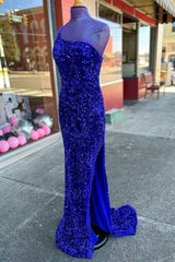 Long Sequin Prom Dress  Royal Blue Formal Dresses One-Shoulder