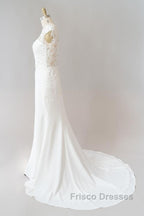 Long Sheath  Illusion Lace Wedding Dress with Cap Sleeve