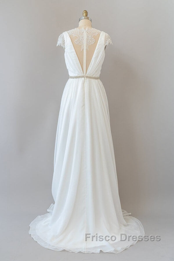 Long Sheath V-neck Lace Chiffon Wedding Dress with Cap Sleeves Secondary image