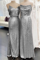 Long Silver Sequin Bridesmaid Dress Spaghetti Strap