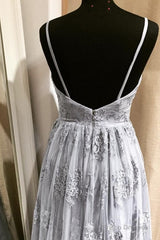 Long Silver Tulle Bridesmaid Dresses Lace Appliques