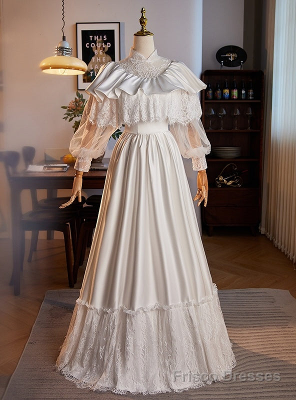 Long Sleeve High Neck Satin Lace Wedding Dress Main image