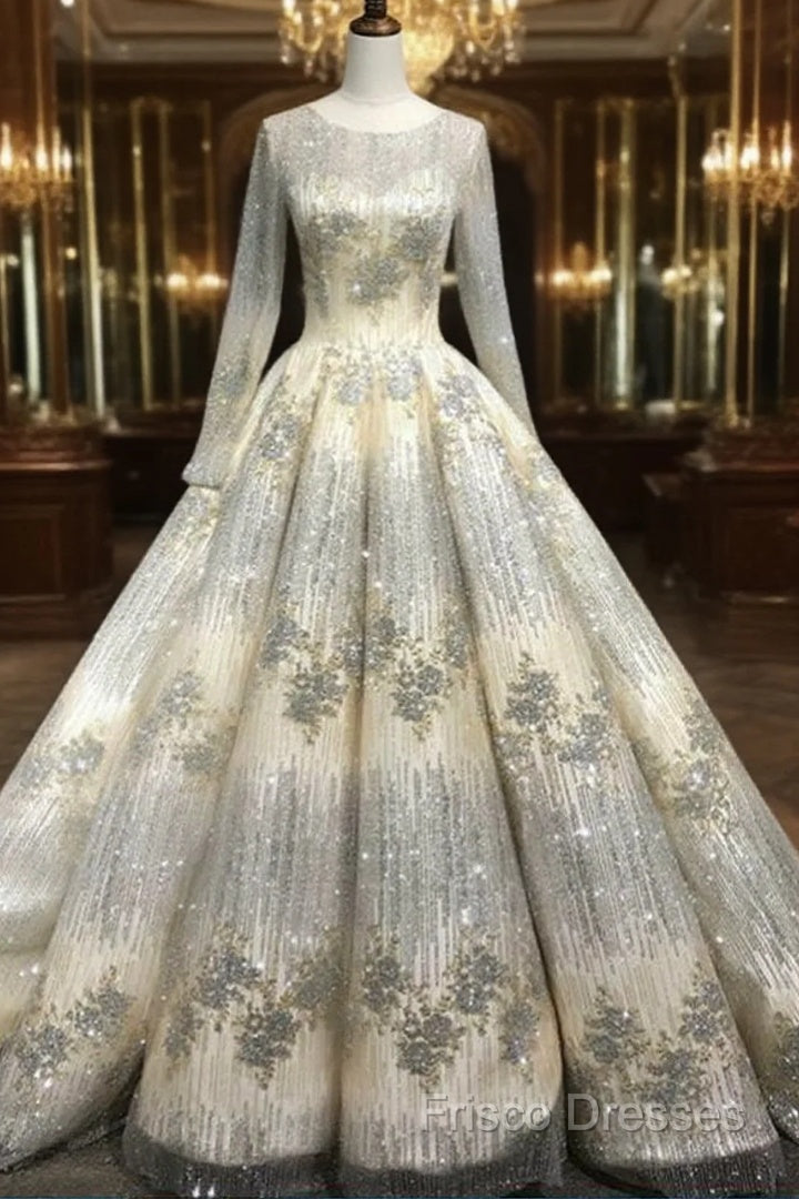 Long Sleeve Luxury Diamond Sparkly Wedding Dress Formal Prom Dress