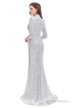 Long Sleeve Mermaid Prom Dresses Silver Sequins Trumpet