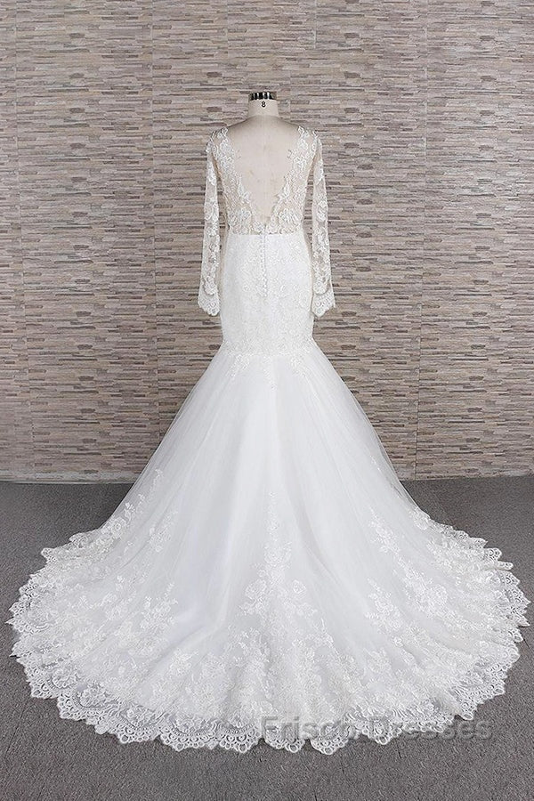 Long Sleeve Mermaid Sweetheart Appliques Lace Backless Wedding Dress Secondary image
