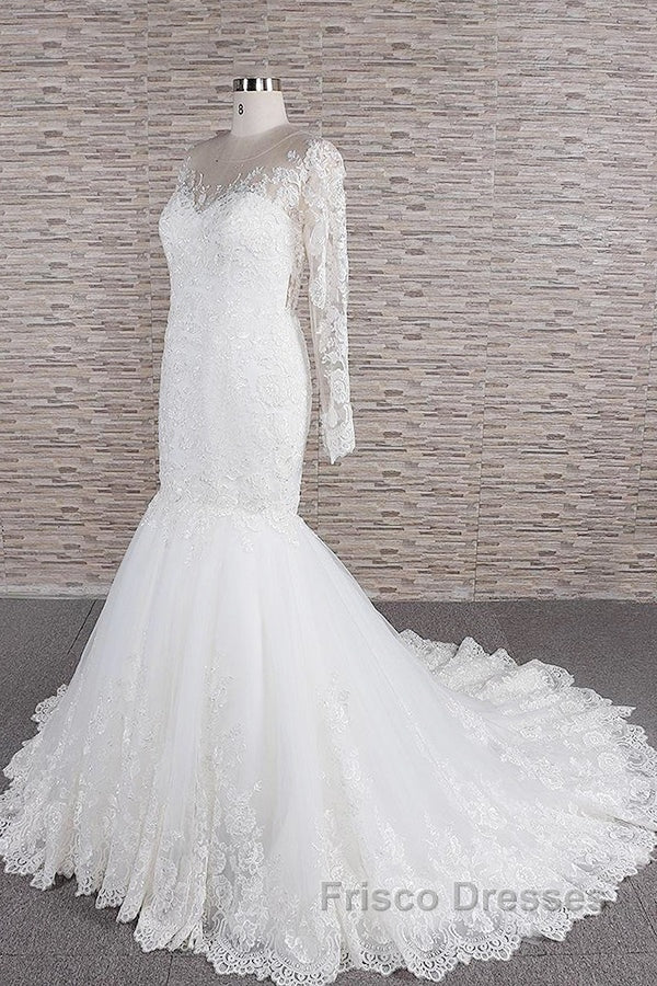 Long Sleeve Mermaid Sweetheart Appliques Lace Backless Wedding Dress