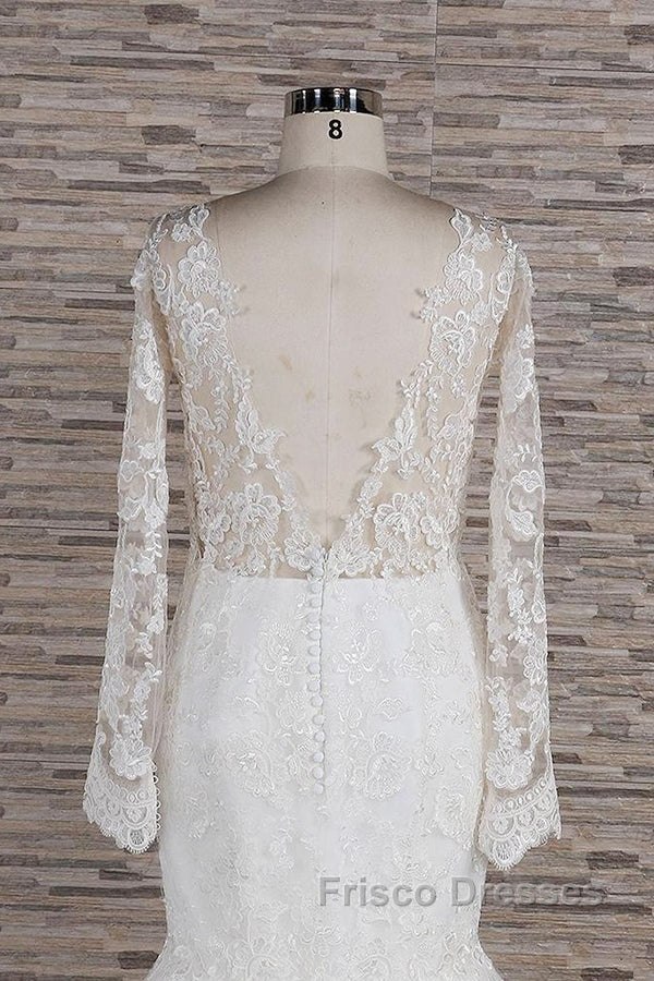 Long Sleeve Mermaid Sweetheart Appliques Lace Backless Wedding Dress