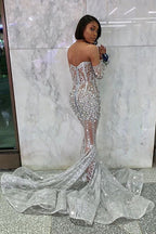 Long Sleeve Off The Shoulder Silver Black Girl Prom Dresses Mermaid Sexy Illusion Beads Crystals Evening Gowns Cheap