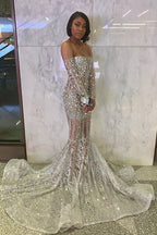 Long Sleeve Off The Shoulder Silver Black Girl Prom Dresses Mermaid Sexy Illusion Beads Crystals Evening Gowns Cheap