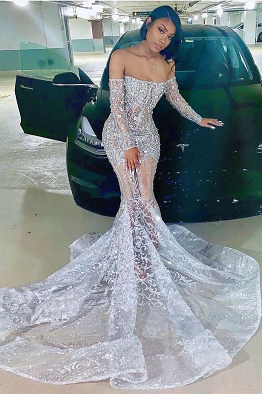 Long Sleeve Off The Shoulder Silver Black Girl Prom Dresses Mermaid Sexy Illusion Beads Crystals Evening Gowns Cheap