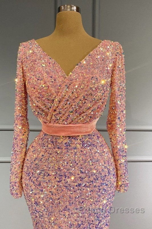 Long Sleeve Pink Mermaid Sequin Formal Prom Dress Secondary image