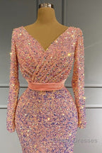 Long Sleeve Pink Mermaid Sequin Formal Prom Dress