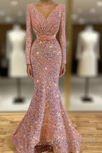 Long Sleeve Pink Mermaid Sequin Formal Prom Dress