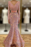 Long Sleeve Pink Mermaid Sequin Formal Prom Dress