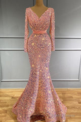 Long Sleeve Pink Mermaid Sequin Prom Dresses