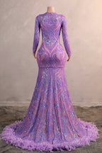 Long Sleeve Purple Prom Dresses for Teens Black Girls Luxury Feather Hem Plus Size Evening Gown Womens Sequin Party Dress
