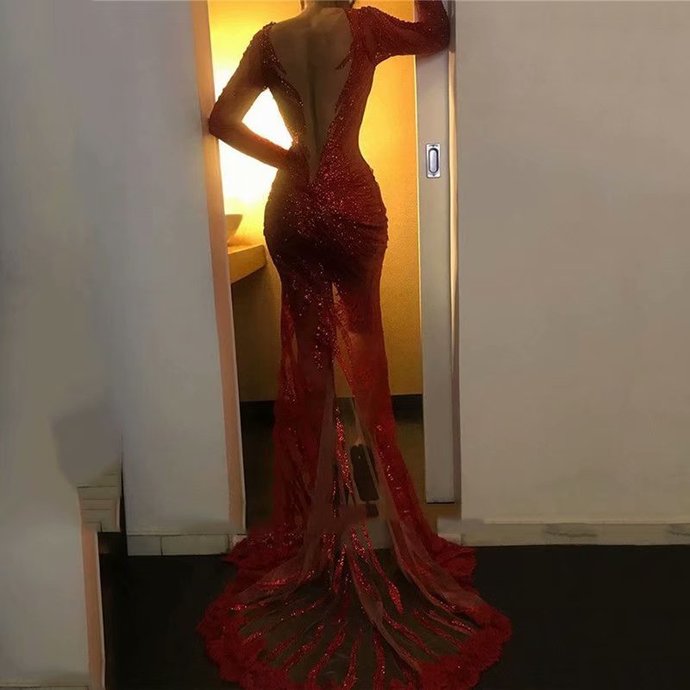 Long Sleeve Red Evening Dresses, Sexy Long Prom Dresses