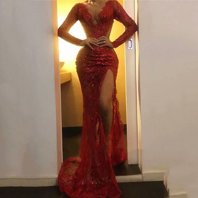 Long Sleeve Red Evening Dresses, Sexy Long Prom Dresses Main image