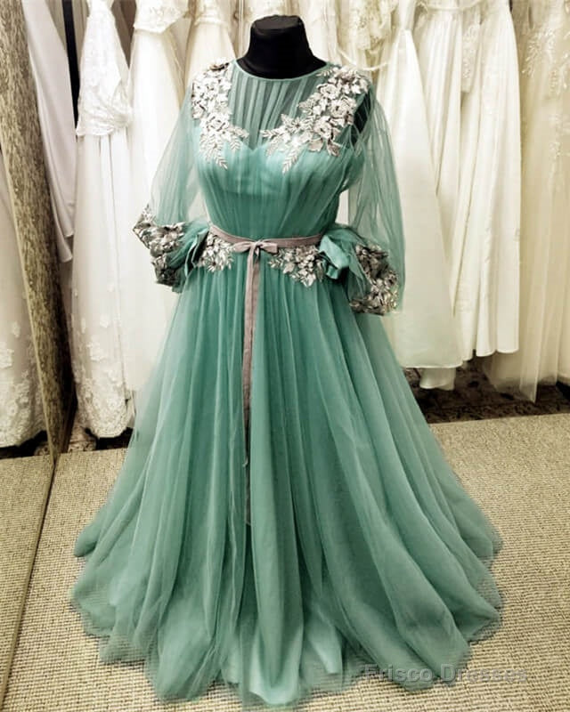 Long Sleeve Sage Green Tulle Dress With Lace Embroidery Main image