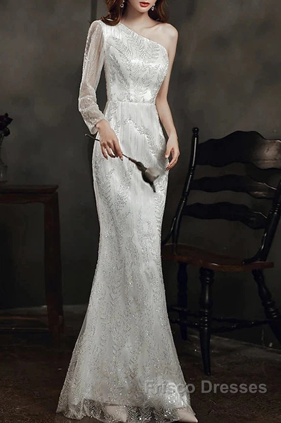 Long Sleeve Sequin Champagne Formal Prom Dress