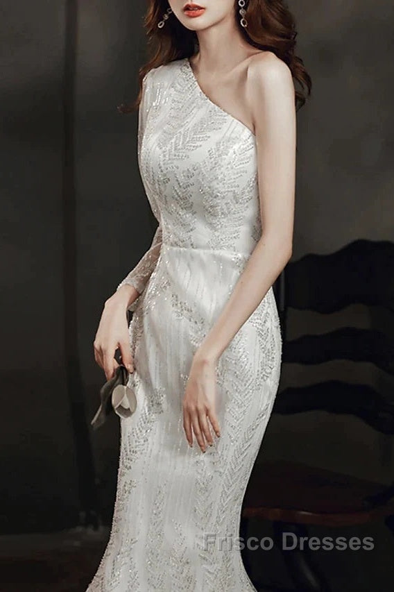 Long Sleeve Sequin Champagne Formal Prom Dress
