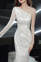 Long Sleeve Sequin Champagne Formal Prom Dress