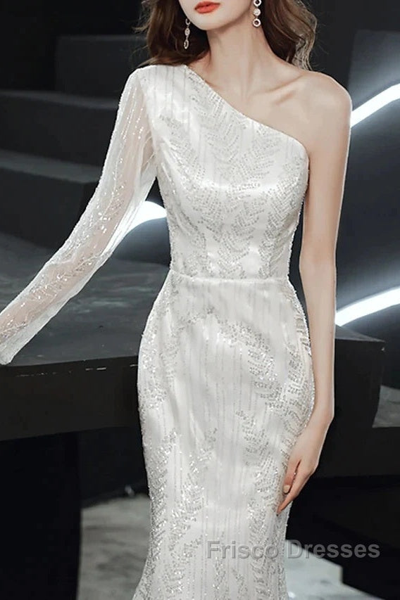 Long Sleeve Sequin Champagne Formal Prom Dress