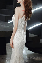Long Sleeve Sequin Champagne Formal Prom Dress