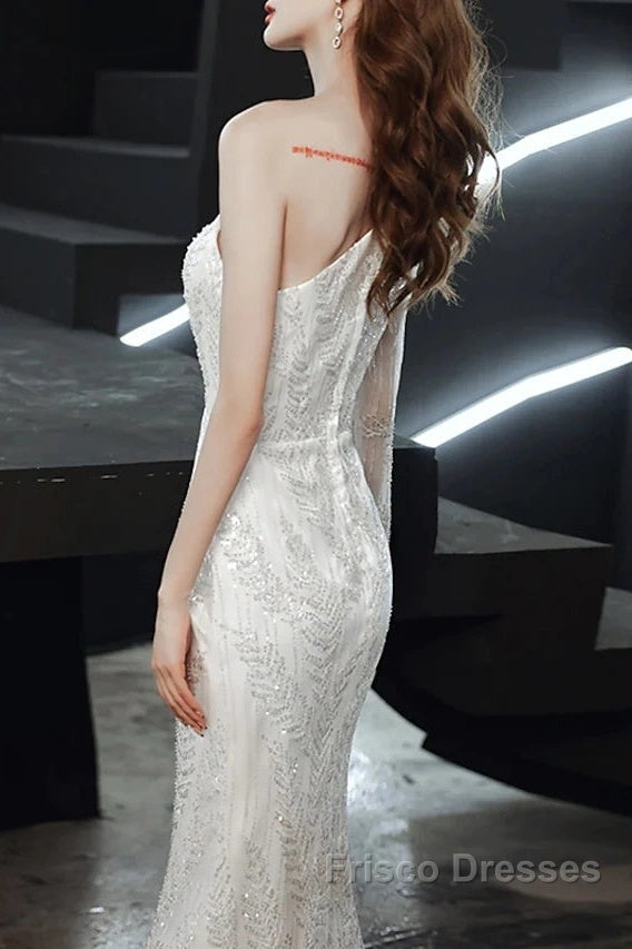 Long Sleeve Sequin Champagne Formal Prom Dress