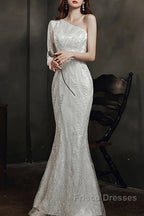 Long Sleeve Sequin Champagne Formal Prom Dress